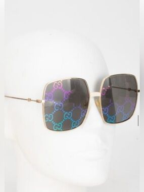 Gucci GG Monogram Rainbow Lens Sunglasses Gold Frame Statement